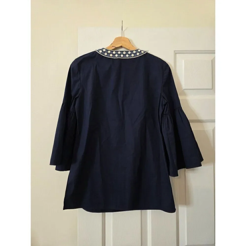 Tory Burch Ariana Crisp Poplin Mirror Applique Tunic 4 Navy